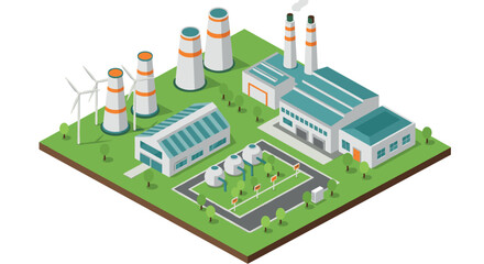 Eco-friendly power plant with wind turbines and factory buildings in isometric style