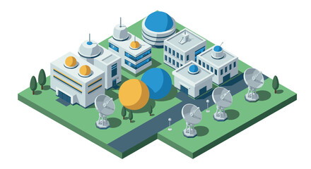 Fototapeta premium Isometric modern technology campus with satellite dishes and futuristic buildings