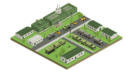Isometric military base with vehicles and buildings in green landscape