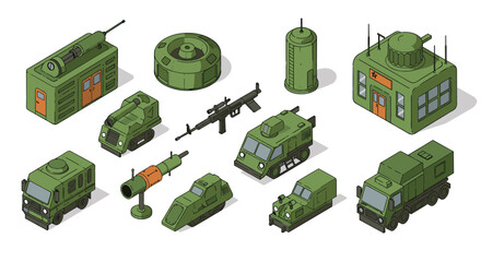 Fototapeta premium Military vehicles and equipment isometric set with camouflage colors
