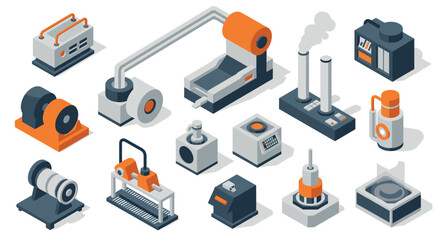 Obraz premium Isometric industrial machines and equipment icons set with modern style details