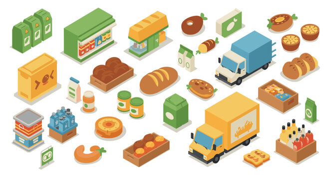 Isometric grocery icons set featuring bakery, produce, and delivery elements