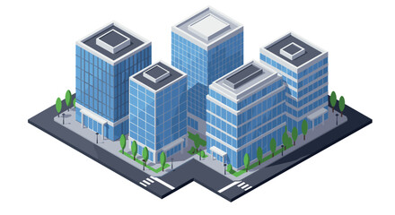 Obraz premium Modern urban office buildings in isometric style with trees and streets