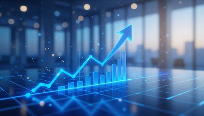 Glowing blue arrow represents data increase, economic improvement, investment, and futuristic corporate growth strategy