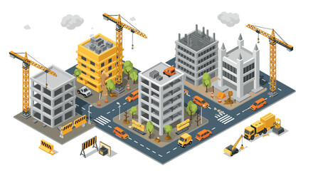 Urban construction site with cranes and buildings in isometric style
