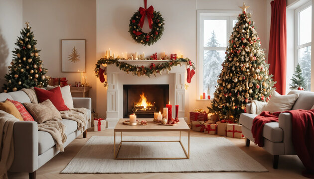 Salon chaleureux d&eacute;cor&eacute; pour No&euml;l en rouge et or, ambiance festive et cocooning