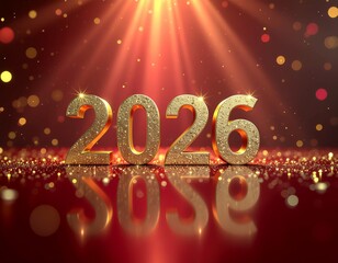 Fototapeta na wymiar Sylwestrowe tło ze złotym napisem 2026 na czerwonym tle