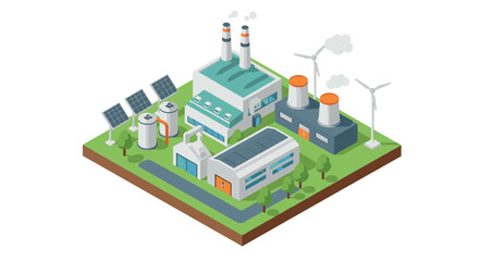 Sustainable energy plant with solar panels and wind turbines in isometric style