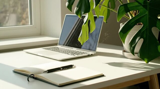 Modern home office workspace with laptop notebook and green plant near sunny window creating minimalist productive and cozy working atmosphere