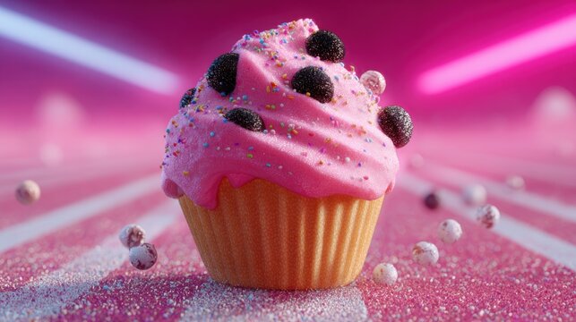 Close-up of a cupcake with pink frosting and sprinkles on top. the cupcake is in an orange paper wrapper and is placed on a pink background with white lines. - Powered by Adobe