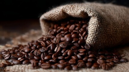 Fototapeta premium Roasted coffee beans spill from a textured burlap sack onto a rustic surface evoking warmth and aroma