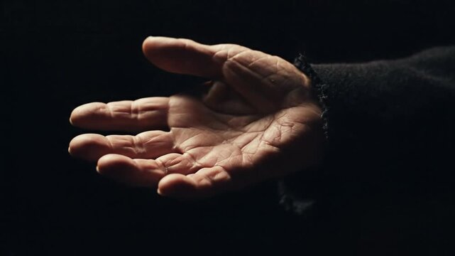Close up of a human hand gesturing with fingers spread out against a dark background copy space