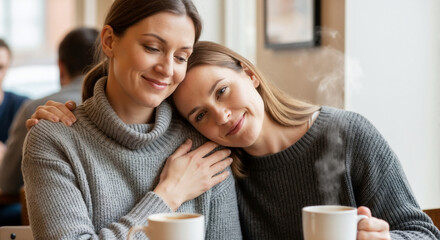 Supportive friend comforting a woman in a coffee shop. Two women sharing an emotional moment of empathy and care