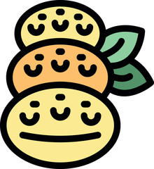 Obraz premium Three round fruits with happy faces are stacked on top of each other, decorated with green leaves