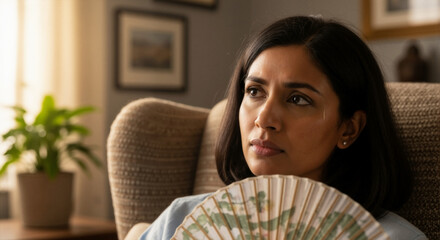 A pensive South Asian woman in her 40s using a hand fan at home. Mature person experiencing a hot flash and menopausal symptoms. Midlife health and hormonal changes concept