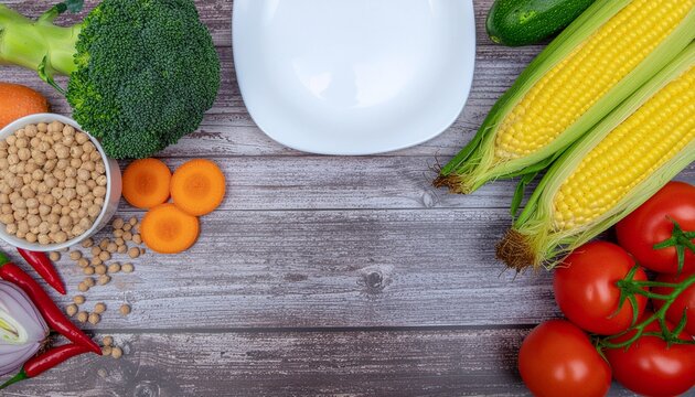 Overhead shot of various vegetables, legumes, and grains on a rustic wooden table with a plate, ideal for World Vegan Day recipes. - Powered by Adobe