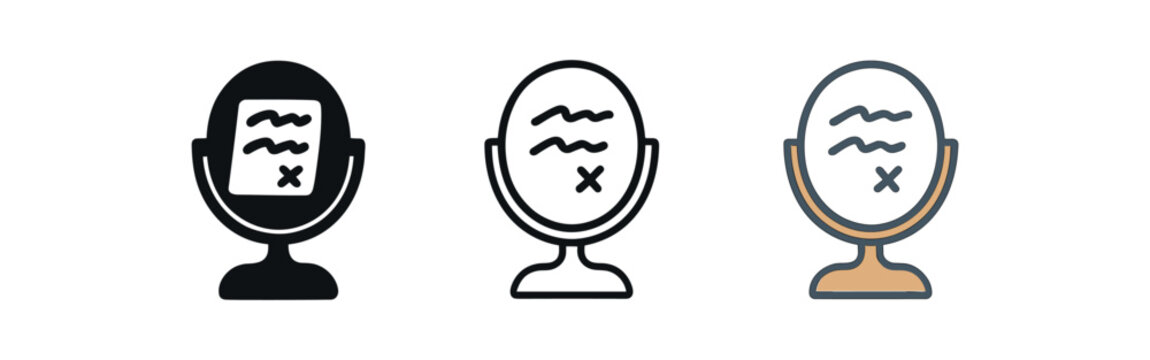 handwritten note on mirror icon on white background Black silhouette flat icon outline icon and colored icon style. 1x3 grid. three minimal vector icon style. centered composition clear