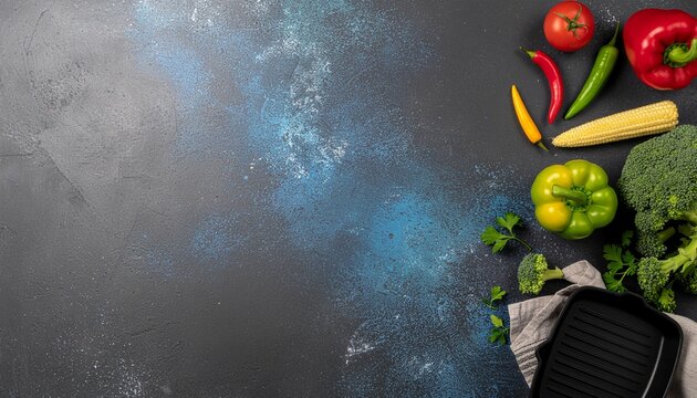Overhead view of colorful vegetables and leafy greens arranged on a dark gray surface with a grill pan for World Vegan Day recipes.