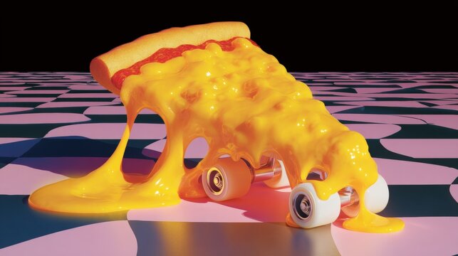 3d rendering of a hot dog on a skateboard. the hot dog is covered in a thick layer of melted yellow sauce, which is dripping down the sides of the skateboard in a pool of yellow liquid.