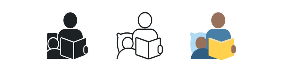 Fototapeta premium reading bedtime story icon on white background Black silhouette flat icon outline icon and colored icon style. 1x3 grid. three minimal vector icon style. centered composition clear white