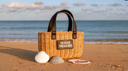 Beach bag with shells on golden sand under soft evening light by the ocean