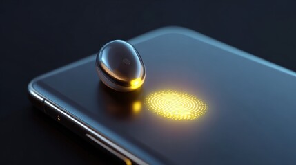 Close-up of a smartphone with a fingerprint scanner on the screen. the fingerprint scanner is circular in shape and appears to be glowing yellow. the phone is silver in color and has a sleek design.