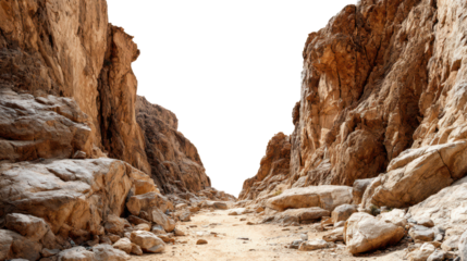 canyon rock formations in desert landscape with left and right high stone walls and pathway in middle, sky is isolated on white or transparent png