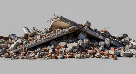 A heap of rubble from a demolished building, featuring shattered concrete, broken red bricks, and exposed steel rebar, isolated on a light grey studio background.