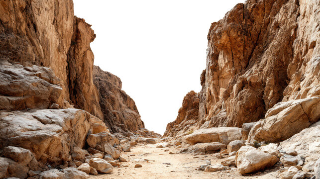canyon rock formations in desert landscape with left and right high stone walls and pathway in middle, sky is isolated on white or transparent png