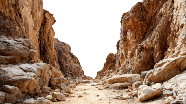 canyon rock formations in desert landscape with left and right high stone walls and pathway in middle, sky is isolated on white or transparent png