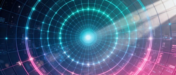 Futuristic digital tunnel portal with glowing neon grid and distant city lights