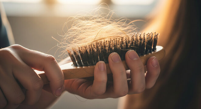 Close-up of a person holding a hairbrush full of lost hair, suggesting hair loss problem