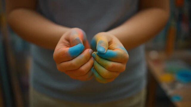 Child Hands Covered in Colorful Paint - Creative Art Activity Concept
