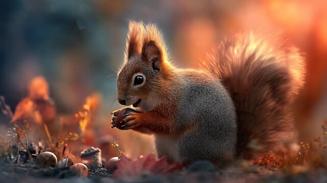 Squirrel eating nut in a natural environment illuminated by warm sunlight