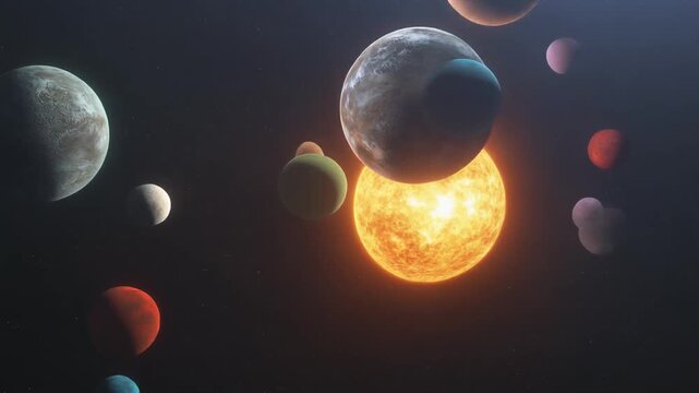 Celestial Symphony: A vibrant display of celestial bodies, including planets and a luminous sun, dance harmoniously against the cosmic canvas.