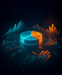 3D rendered futuristic data dashboard featuring glowing orange and blue charts, pie diagrams, and graphs visualizing analytics and digital finance innovation.