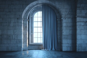 Fototapeta premium Arched stone wall frames a tall window with blue curtains.