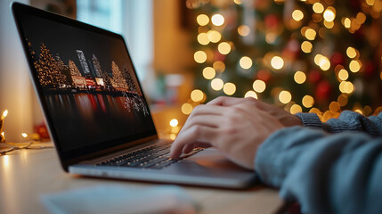 Person Browsing Black Friday Deals on Laptop With Christmas Tree Lights Bokeh Background