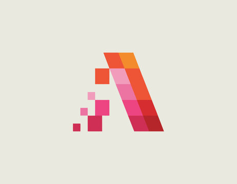 An abstract representation of the letter A, composed of vibrant pixel colors gradually transforming into squares, creating a dynamic and visually striking effect.