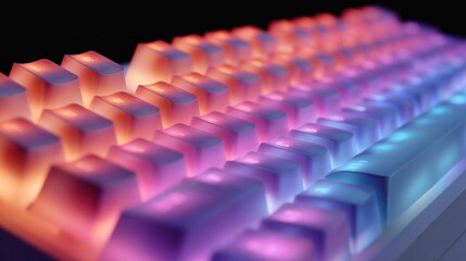 Close-up of a computer keyboard. the keys are arranged in a grid-like pattern, with each key having a different color - pink, orange, and blue.
