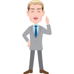 Man In Grey Suit And Blue Tie With Blonde Hair Pointing Upwards With Index Finger And Thumb Up Sign With Happy Expression On White Background