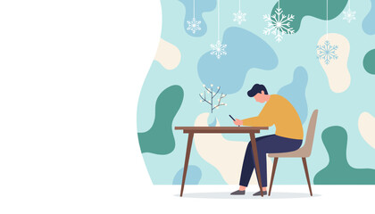 Man using a smartphone while sitting at a table indoors during winter with abstract background and copy space