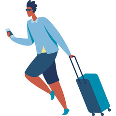 Man In Light Blue Collared Shirt And Dark Blue Shorts Pulling A Teal Rolling Suitcase While Holding A Passport And Phone Walking Through An Airport Terminal