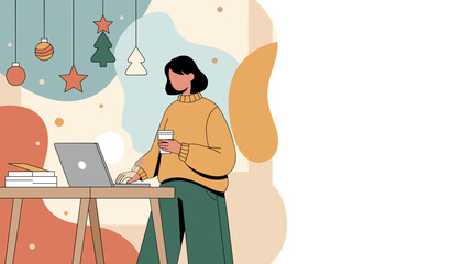 Woman working remotely on a laptop during the Christmas season Holiday freelance and cozy workflow illustration