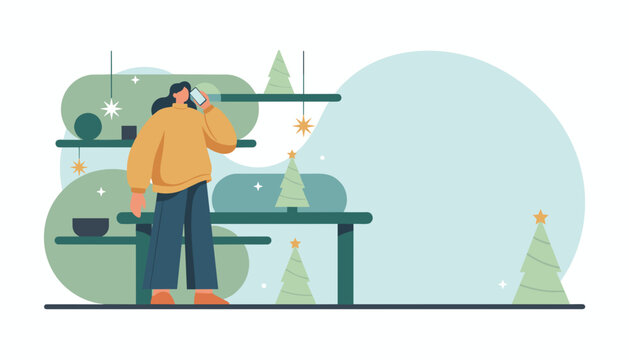 Casual woman talks on smartphone surrounded by stylized holiday decorations Vector illustration