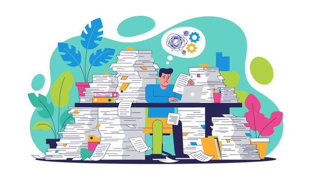 Overwhelmed businessman buried in paper piles struggling with stress deadlines and heavy workload