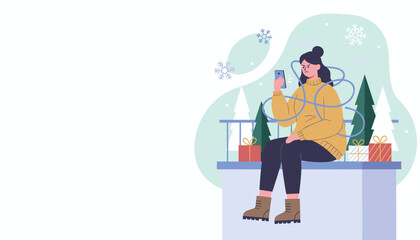 Frustrated woman dealing with a tangled digital connection issue or stressful online holiday shopping