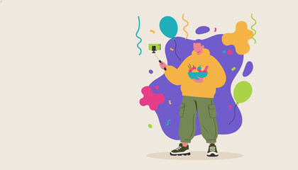 Influencer vlogging a colorful party event holding a bowl of snacks and using a selfie stick