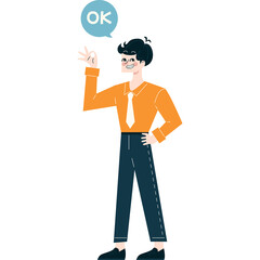 Man In Orange Shirt And Blue Pants Gesturing OK Sign With OK Speech Bubble Above Head Flat Design Illustration With White Background