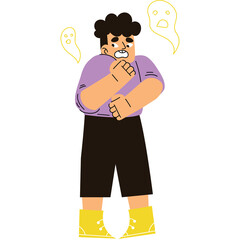 Man In Purple Shirt Black Shorts And Yellow Boots Looks Scared With Ghosts Around Him In Yellow Outline On White Background